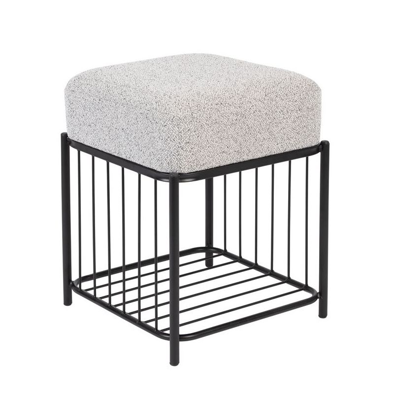 Petit tabouret carré avec coussin tissu gris et armature métal noire  collection Milou